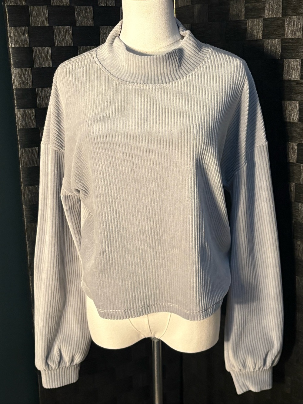 Altar'd State Ribbed Mock Neck Sweater Grey Balloon Sleeve Knit